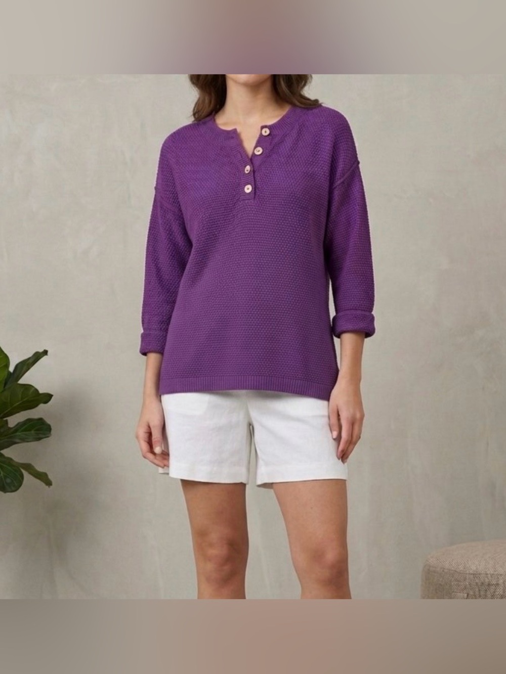 Free People Beach Hailee Waffle Knit Henley Sweater Purple Oversized Size XS